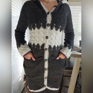 NEW Icelandic Wool : Large: Handknit long cardigan : Dark & Light Grey : Winter